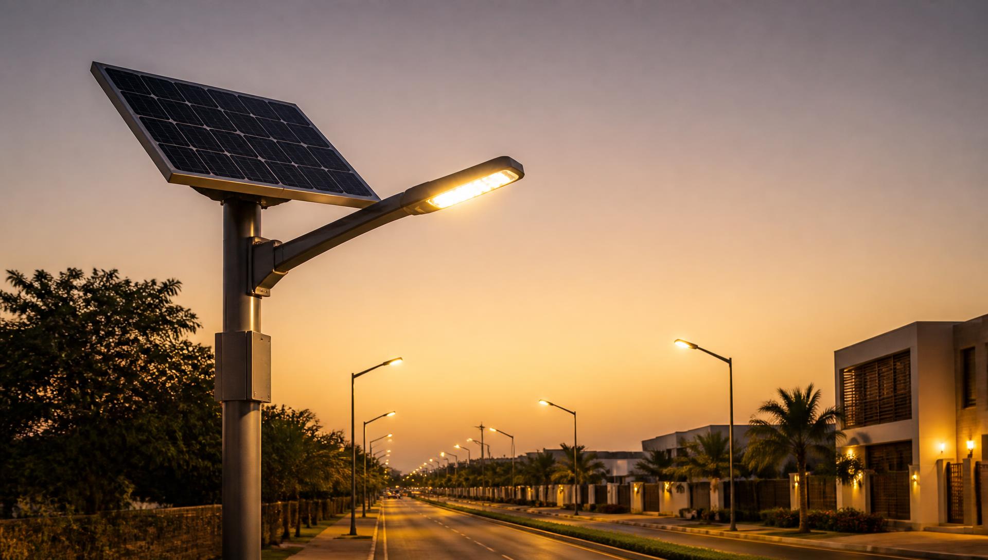 Lampadaire solaire LED éclairant une route au Sénégal au coucher du soleil